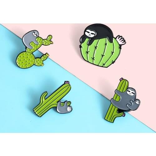 Cute Sloths Enamel Lapel Pins Cactus Brooches Badges Cartoon Animals Backpack Pins for Friends Wholesale Jewelry Gifts