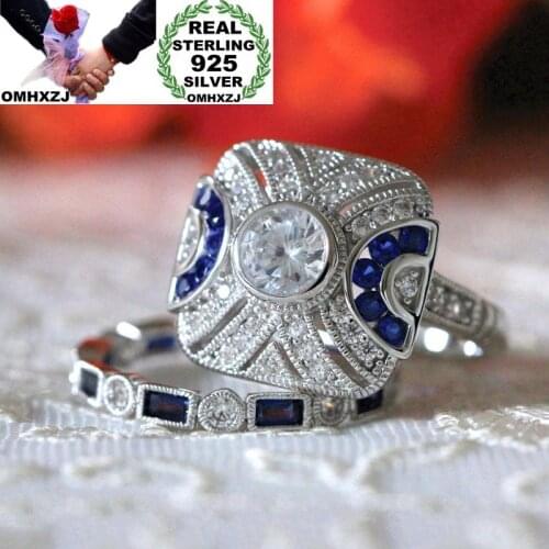 OMHXZJ Wholesale European Fashion Woman Man Party Wedding Gift Square White Blue AAA Zircon 925 Sterling Silver Ring Set RR56