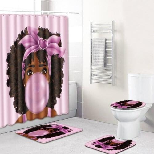 African Girls Western Style Printed Bathroom Rug Set Four-piece Waterproof Shower Curtainsabsorbent Non-slip Mat