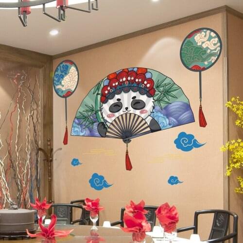 Panda Fan Cartoon Wall Sticker Chinese Style Living Room Bedroom Home Office Decor DIY Room Decoration Removable Wallsticker Art