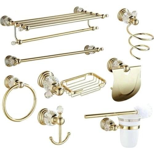 Golden Polish Brass & Crystal Wall Mounted Bathroom Accessories SetsTowel Rack Towel Shelf Hook Paper Holder