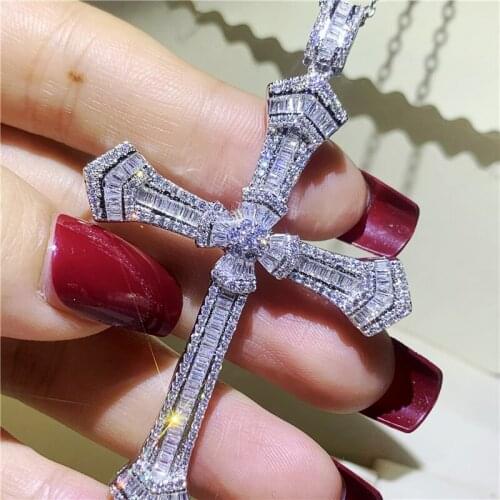 925 Sterling silver Big Long Cross Pendant AAAAA Cz Stone Cross Pendant Necklace for Women Men Party Wedding jewelry