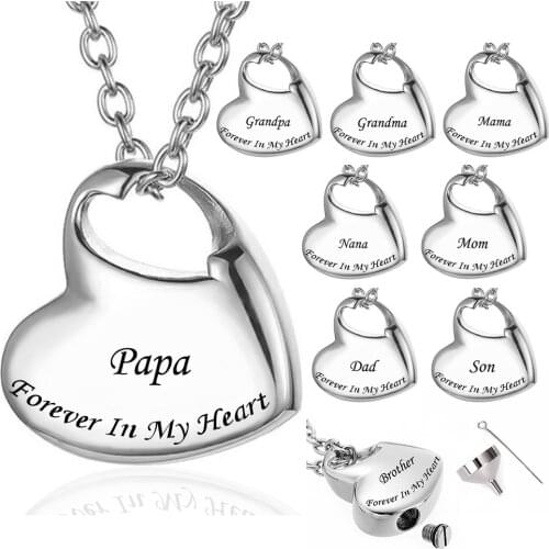Stainless Steel Funeral Cremation Heart Forever In My Heart Pendant Keepsake Urn Necklace For Ashes Memorial Jewelry Mementos