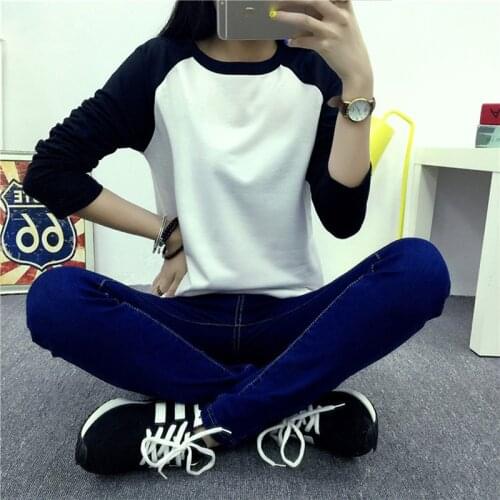 Autumn Women Striped Splicing Baseball T-Shirt Fashion O Neck Long Sleeve Top Tee Female All Matched Sleeve T Shirt