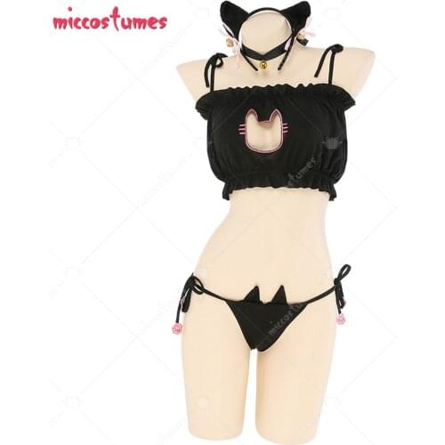 Womens Open Chest Embroidery Cat Keyhole Cat Girl Sexy Lingerie Set Swimsuit Anime Cosplay Costume
