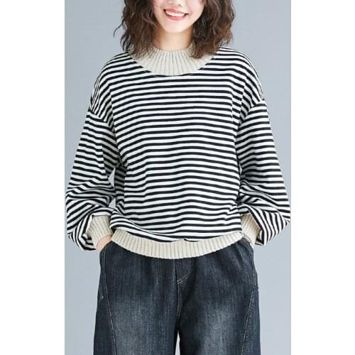 Johnature New Korean Knitting Women Sweaters Casual 2021 Autumn O-neck Full Sleeve Loose Striped Female Sweaters