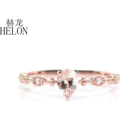 HELON Solid 14k Rose Gold Morganite Pear cut 5x7mm Natural Morganite & DiamondsWomen Trendy Fine Jewelry Engagement Wedding Ring
