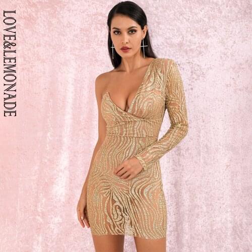 LOVE&LEMONADE Sexy Gold V-neck Glitter Glue Bead Material Bodycon Party Mini Dress LM81878-1