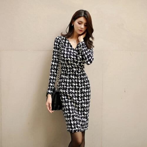 Womens Vintage Autumn Dress Elegant V-neck Sheath Pencil Dresses Korean Fashion Houndstooth Long Sleeve Bodycon Office Vestidos