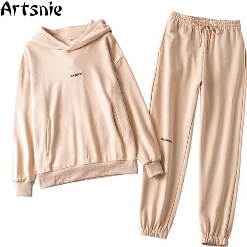 Artsnie Spring 2021 Two Piece Set Women Khaki Sweatshirt Sweatpants Trouser Tracksuits Sportswear Suits Two Piece Set Outfits