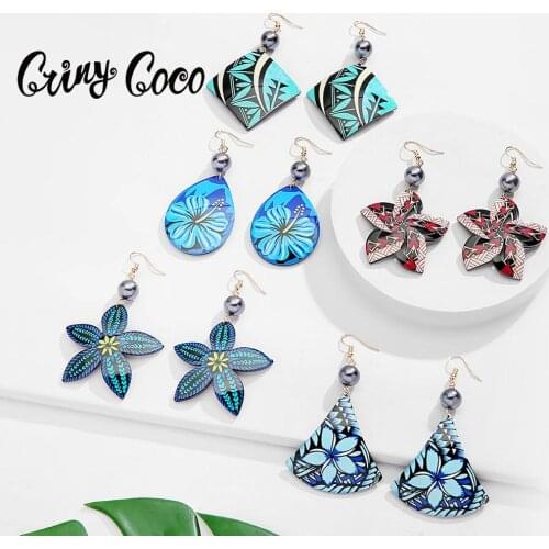 Cring Coco Original Design Acrylic Earrings for Women Blue Star Frangipani Jewelry Vintage Handmade Pearl Drop Earing 2021 New