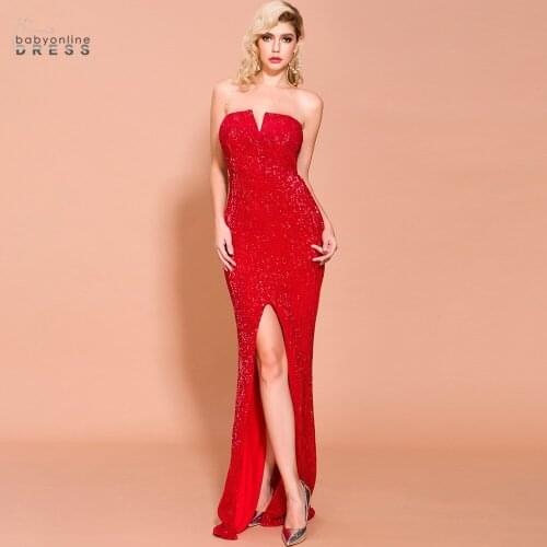 Strapless Mermaid Long Evening Dress High Split V-neck Evening Prom Gowns Backless Sequins Dress Vestido Robe de Soiree