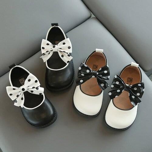 Girls Shoes Leather Mary Janes Shoes Dot Big Bowtie Princess Shoes Kids Flats Black Wihte Child Dance Party Show Toddlers Autumn