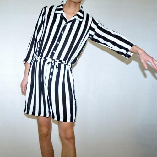 Harajuku Mens Summer Knee Length Striped Jumpsuit Lace Up Casual Beach Shorts Overalls Streetwear Loose Shirts Style Jumpsuits