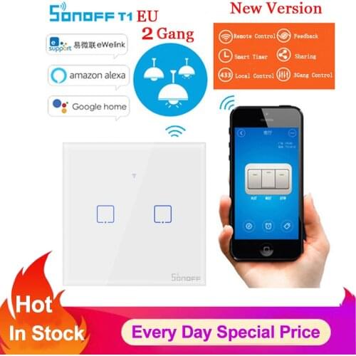 ITEAD Sonoff T1 EU 2 Gang WiFi Smart Switch Wireless Remote Control Light Wall Touch Switch Smart Home Automation Work Alexa