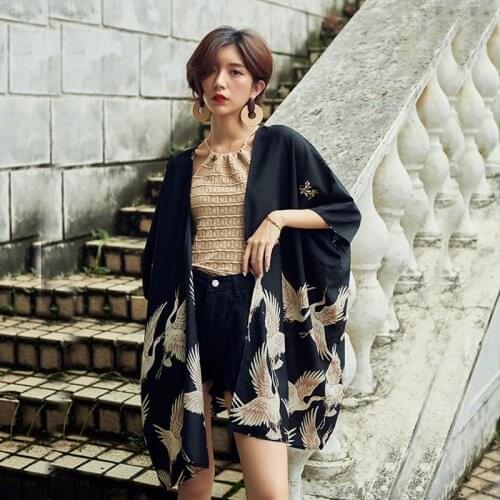 Japanese Crane Print Yukata Women Harajuku Cardigan Kimono Summer Loose Shirt Tops Casual Women Kimonos shirt Yukata Haori 11293