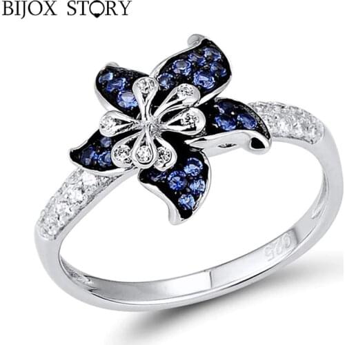 BIJOX STORY elegant 925 sterling silver ring with flower shape sapphire rings for women wedding engagement banquet gifts jewelry
