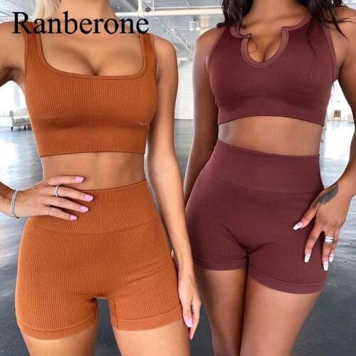 Ranberone Yoga Set Two Piece Set Fitness Women Gym Clothes Sexy Vest Shorts Tracksuit Women Running Sportswear Yoga Wear 2021