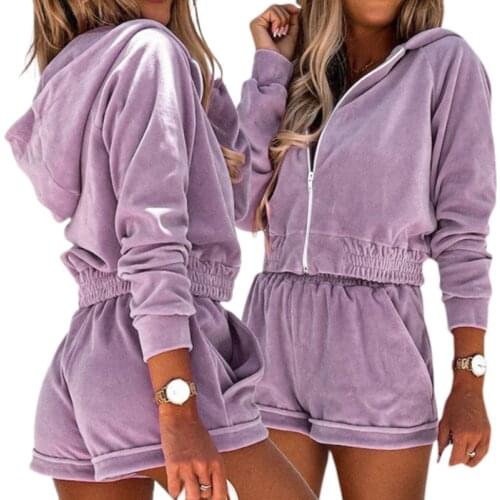 Women’s 2 Piece Fall Outfits, Long Sleeve Solid Color Zip Up Hoodie + Wide Leg Shorts Set Spring Autumn