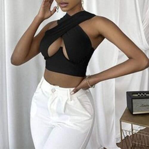 Womens Criss Cross Tank Tops Sexy Sleeveless Solid Color Cutout Front Crop Tops Party Club Streetwear Summer Lady Bustier Tops