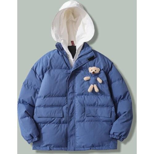 Harajuku Little Bear Patchwork Hooded Parka Men 2021 Hip-hop Streetwear Loose Parkas Winter Thicken Couple Oversize Coats Jacket