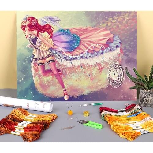 Cartoon Girl Woman Printed Water-Soluble Canvas 11CT Cross-Stitch DIY Embroidery Kit DMC Threads Handicraft Hobby Needle