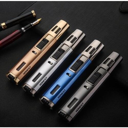 Honest Pen Cross Double Straight Blue Jets Fire Gas Inflatable Lighter Fixed Fire Safe Lock Cigar Moxibustion Kitchen BBQ Tool