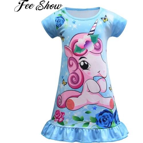 Newest Kids Girls Summer Dresses Round Neck Short Sleeve Cartoon Horse Flower Print A-line Ruffle Hem Dress Casual Daily Wear
