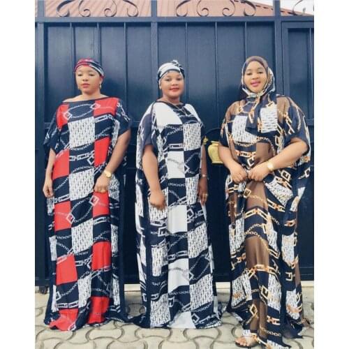 New Style African Womens Dashiki Nigeria Fashion SILK 100% Material With Scarf print Loose Long Dress Free Size