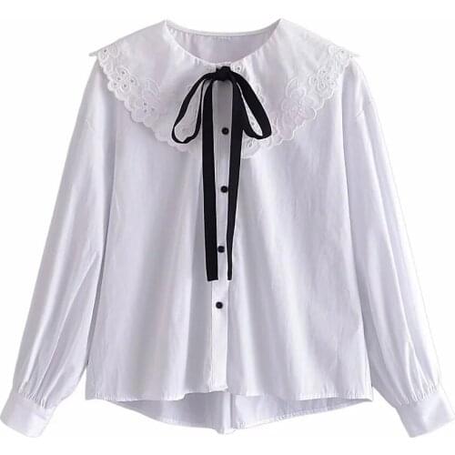 XIKOM 2021 Autumn Women White Peter pan Collar lantern Sleeve Casual Shirt Female Vintage Lace Loose Sweet Lady Shirt Top