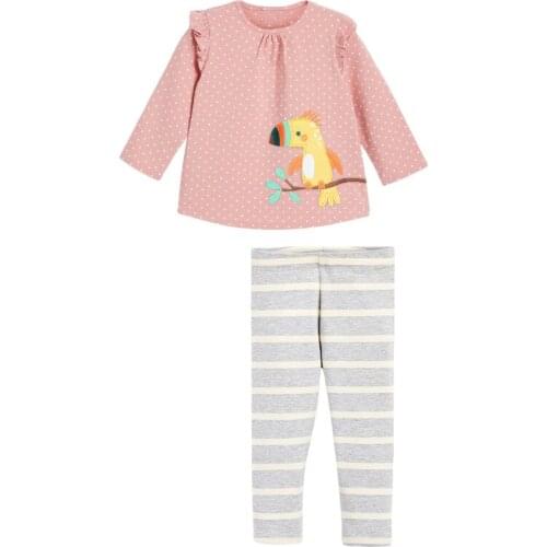 Autumn Cotton Baby Girl Designer Fall Clothes Children 2 Piece Set Brand Dot Bird Cute Shirt + Toddler Gray Striped Pants