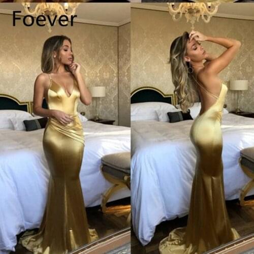 Gold Mermaid Prom Dresses 2019 vestidos de fiesta largos elegantes de gala Sexy Backless Imported Party Dress V Neck Formal Gown