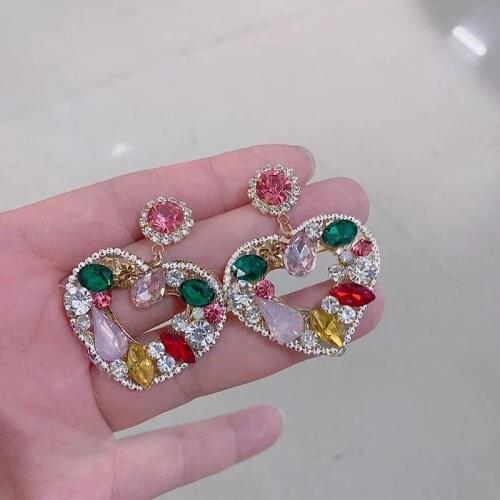 Lovely Shiny Rhinestone Heart Charms Dangle Earrings For Women Jewelry Fashion Show Ladys' Dress Statement Earrings