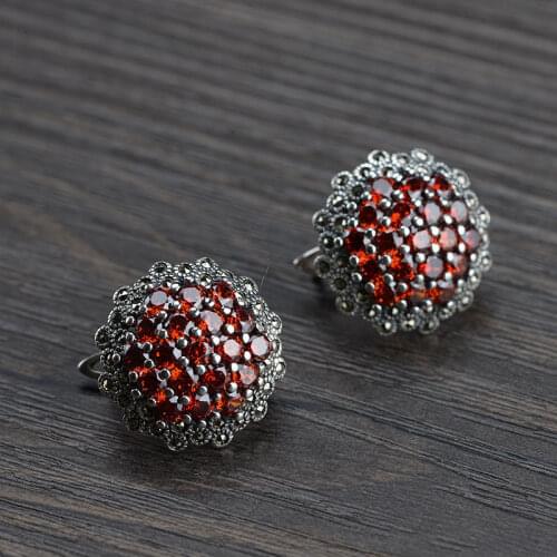 FNJ Round Earrings 925 Silver Original Pure S925 Sterling Silver Stud Earring Women Jewelry Vintage Red Cubic Zircon