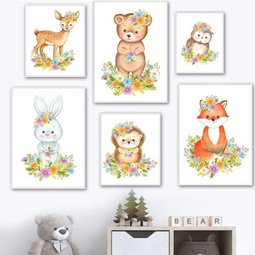 Sika Deer Bear Owl Rabbit Hedgehog Fox Wall Art Canvas Painting Nordic Posters And Prints Cartoons Wall Pictures Kids Room Decor