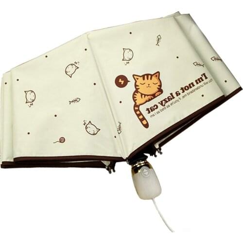 Cat Folding Umbrellas Women Automatic Three-folding Windproof Black Coating Anti UV Umbrella Rain Parasol Female Umbrella Girl