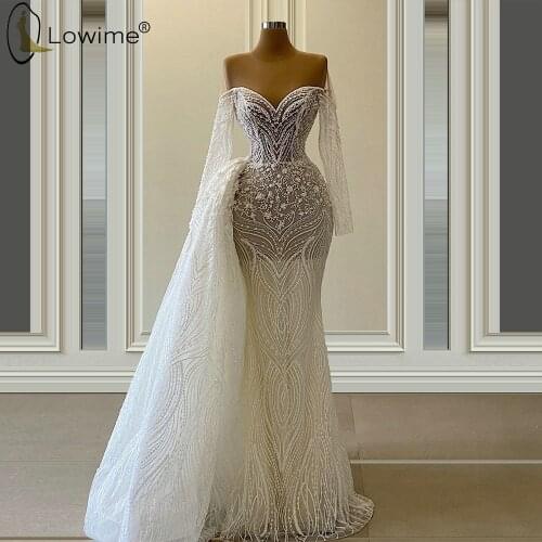Gorgeous Mermaid Long Sleeve Lace Wedding Dresses with Removable Train 2020 Illusion O Neck Bridal Gowns свадебные платья