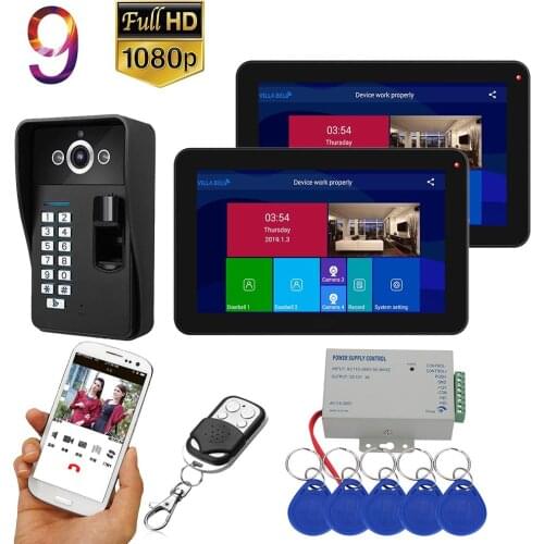 9 inch 2 Monitors Wifi Wireless Fingerprint RFID Video Door Phone Doorbell Intercom System with Wired AHD 1080P Door Access