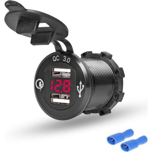 DIY 5V 1.5A + QC 3.0 + Voltmeter Dual USB Charger Aluminum alloy Metal Waterproof for 12V/24V Car RV Boat UTV ATV Motorcycle