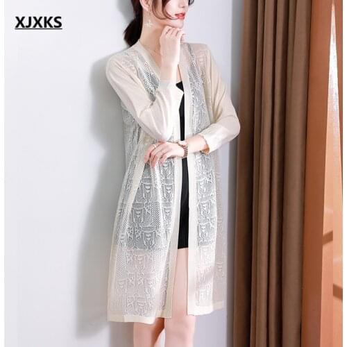 XJXKS Fashion V-neck three-quarter-sleeved women long sunscreen clothing spring summer 2021 new knitted sweater women cardigan