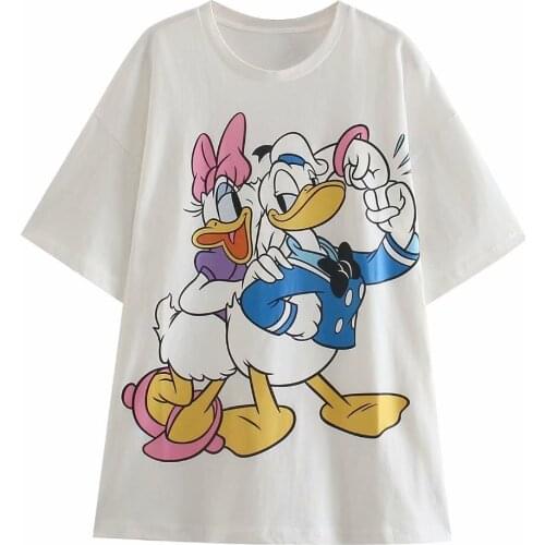 Disney Cartoon Daisy and Donald Shirts for Women Print Round Neck Short-sleeved Women Fashion Clothing Graphic T-Shirts Harajuku