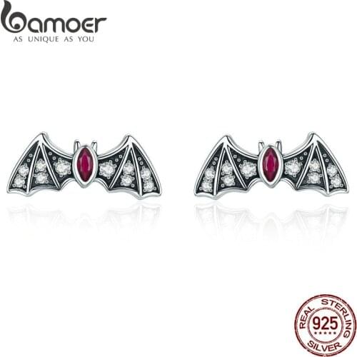 BAMOER Genuine 925 Sterling Silver Mysterious Bat Dazzling CZ Stud Earrings for Women Fashion Earrings Jewelry Gift BSE004