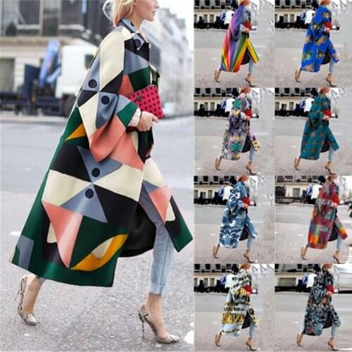 2021 New Fashion WomenS Coat Long Printed Flared Sleeve Loose Windbreaker Straight Lapel Women Casual Coat Large Size 5XL