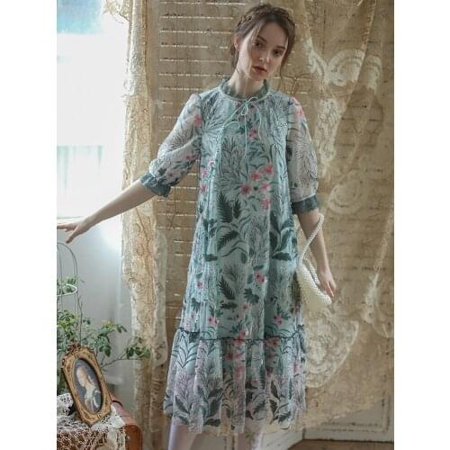 Spring Summer Women Vintage Mori Girl Midi Elegant Slim Improved Cheongsam Embroidery Light Green Mesh Long Dress