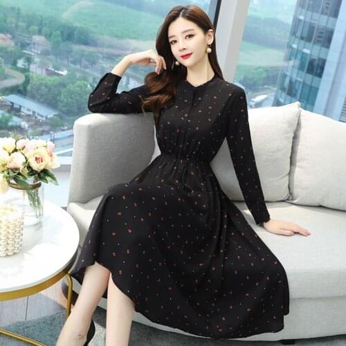 Boho Dresses 2021 Women Autumn Winter Black Vintage Shirt Midi Dress Plus Size Long Sleeve Chiffon Elegant Party Bodycon Vestido