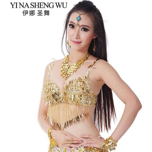 New 1Pc Stage & Dance Wear Oriental Dance Sequined Beaded Bra Top Belly Dance Bra Hanging Beaded Fringe Sequins Bra 8 Colors