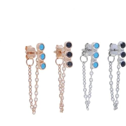 100% 925 Sterling Silver Minimal Delicate Women Girl Jewelry Black CZ Blue Turquoises Stone Paved Stud Tassel Chain Earrings