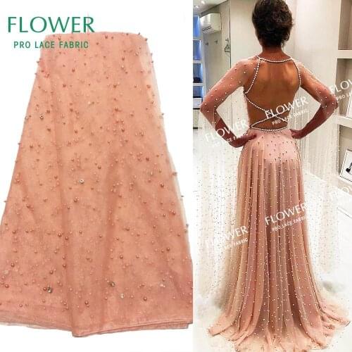 African Net Lace Fabrics With Stones And Beads 2019 High Quality Peach Color Nigerian Guinea Noble Lady Prom Dresses Net Fabrics