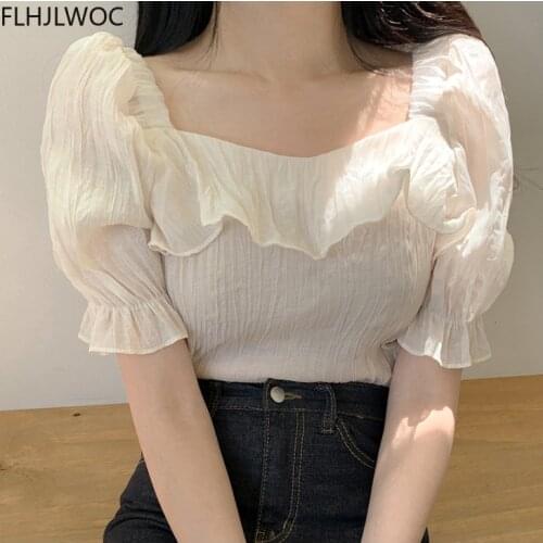 2021 Spring Korea Chic Tops Blusas Flare Sleeve Very Fairy Cute Sweet Girls Lady Shirts Flhjlwoc Pink Ruffled Women Blouses