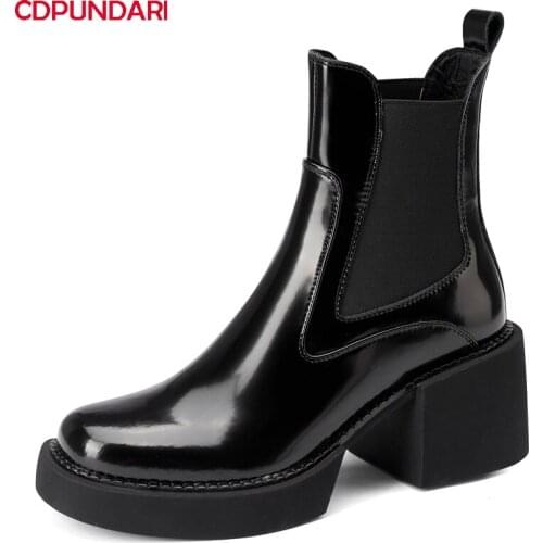 Ladies Black Genuine Leather High Heels Platform Ankle Boots Women Autumn Winter Chelsea Short Chunky Boots Shoes Bottine Femme